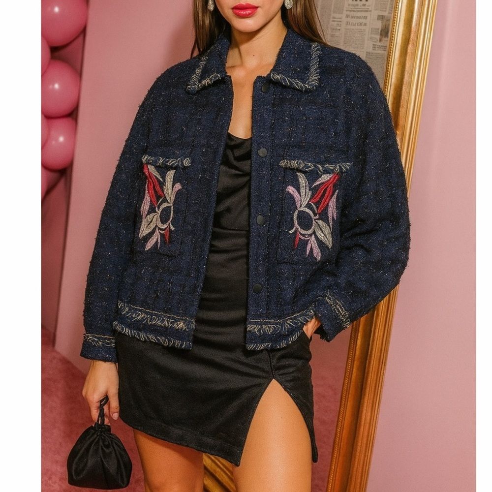 NWT Foxiedox Embroidered Takeo Tweed Frayed Boho Blue Jacket Anthropologie